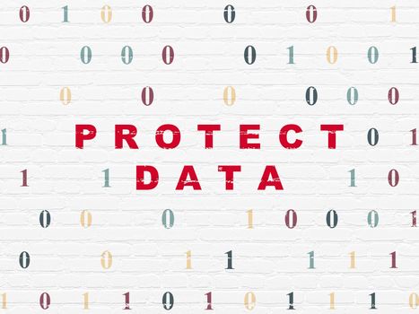 Protection concept: Painted red text Protect Data on White Brick wall background with Binary Code