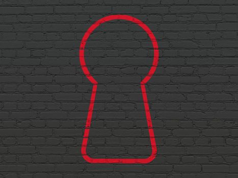 Protection concept: Painted red Keyhole icon on Black Brick wall background