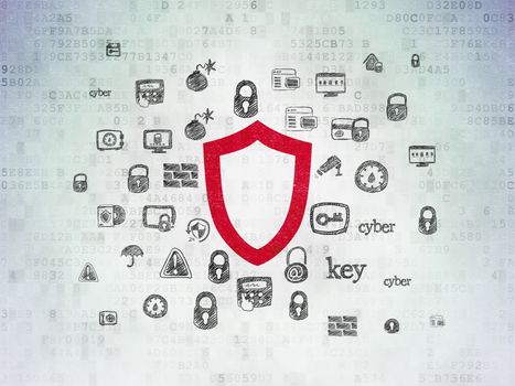 Safety concept: Painted red Contoured Shield icon on Digital Data Paper background with  Hand Drawn Security Icons