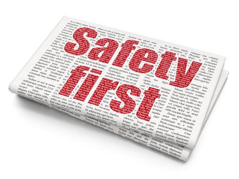 Safety concept: Pixelated red text Safety First on Newspaper background, 3D rendering