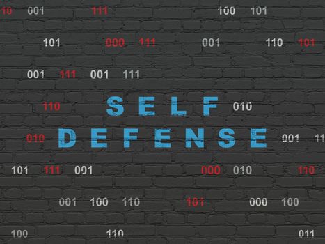 Protection concept: Painted blue text Self Defense on Black Brick wall background with Binary Code