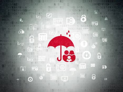 Protection concept: Painted red Family And Umbrella icon on Digital Data Paper background with  Hand Drawn Security Icons