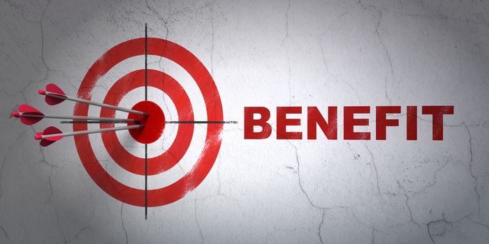 Success business concept: arrows hitting the center of target, Red Benefit on wall background, 3D rendering