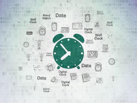 Time concept: Painted green Alarm Clock icon on Digital Data Paper background with  Hand Drawing Time Icons