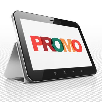 Advertising concept: Tablet Computer with Painted multicolor text Promo on display, 3D rendering