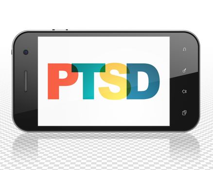 Healthcare concept: Smartphone with Painted multicolor text PTSD on display, 3D rendering