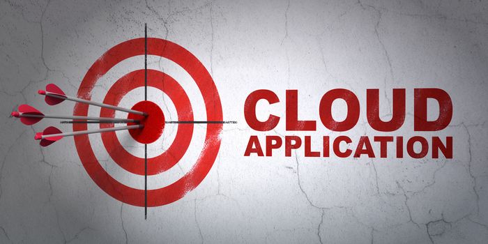 Success cloud computing concept: arrows hitting the center of target, Red Cloud Application on wall background, 3D rendering