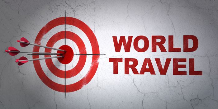 Success tourism concept: arrows hitting the center of target, Red World Travel on wall background, 3D rendering