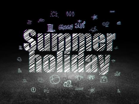 Travel concept: Glowing text Summer Holiday,  Hand Drawn Vacation Icons in grunge dark room with Dirty Floor, black background