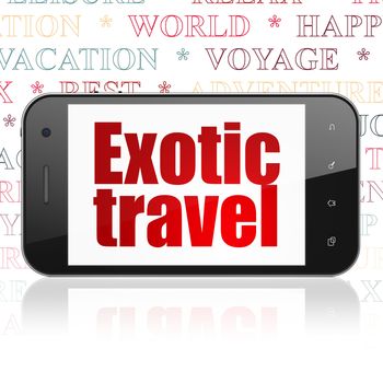 Vacation concept: Smartphone with  red text Exotic Travel on display,  Tag Cloud background, 3D rendering