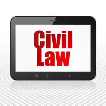 Law concept: Tablet Computer with  red text Civil Law on display,  Tag Cloud background, 3D rendering