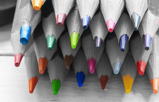 Group of color pencils in black and white