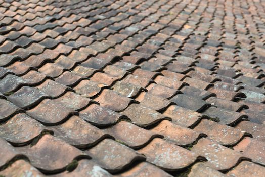 Old ceramic baked orange blue roof tiles on a big authentic farm in Netherlands
