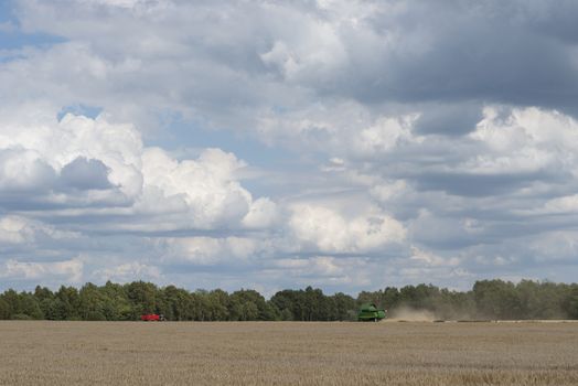 Green combine on a vast agricultural field with beautiful cloudy skies in the summer

