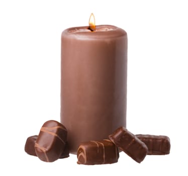 Chocolate Scented Candle with Chocolate Candies on white Background