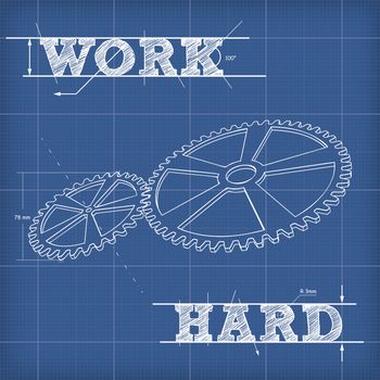 White contour drawing of two gears. Blueprint poster with a motivating phrase Work Hard