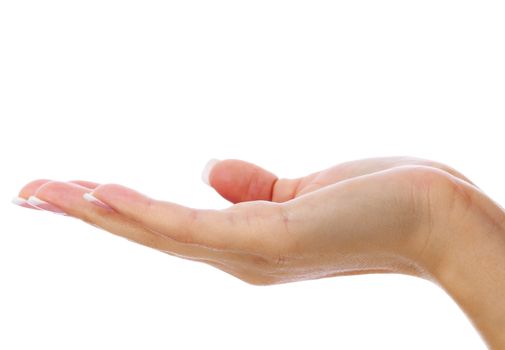 Closeup shot of woman's hand with french manicure and clean and soft skin over a white background, isolated.