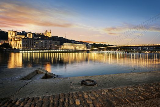 View of Saone river in Lyon city at evening, France 