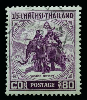 THAILAND - CIRCA 1955: Old Stamp Features Thai King Naresuan (1590-1605) Riding On Elephant Sword Handle From The Series "King Naresuan", Thailand, Circa 1955.
