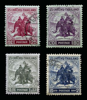 THAILAND - CIRCA 1955: set of Old Stamp Features Thai King Naresuan (1590-1605) Riding On Elephant Sword Handle From The Series "King Naresuan", Thailand, Circa 1955.