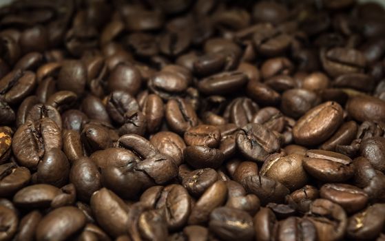 Closeup view of brown coffee beans texture