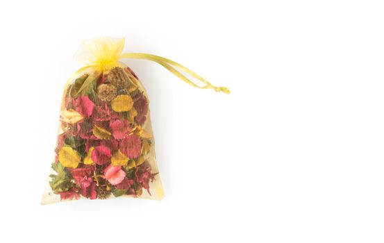 Color of dried flower in bag on white background