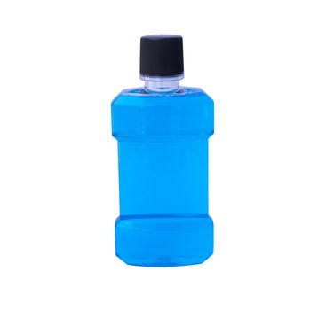 Blue water of mouthwash bottle isolate on white background