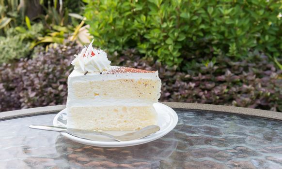 Closeup Milk cake delicious on glass table with garden nature background