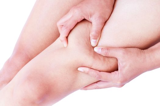 Closeup woman hand holding the skin of legs cellulite  for beauty care concept