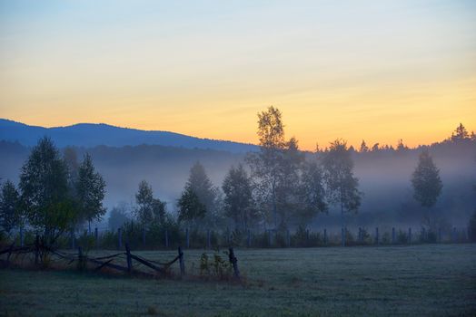 Mystic foggy landscape at sunrise