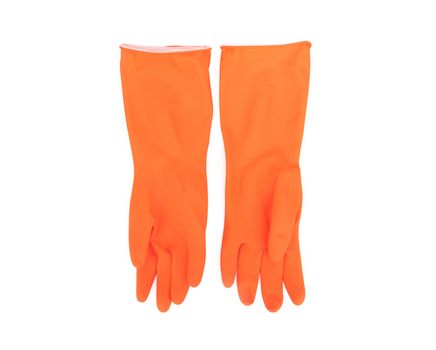 Orange color rubber gloves  for cleaning on white background, housework concept