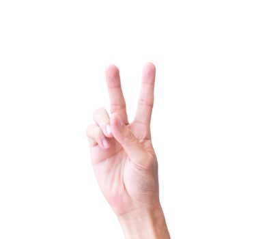 Young man hand show V sign with white background