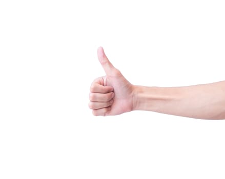 Young man hand thumbs up for good feeling with white background