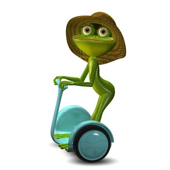 3d Illustration of the Green Frog in the Straw Hat in Segway