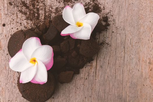Closeup Plumeria sweet color and coffee ground on old wood background, skin care beauty and spa relax concept
