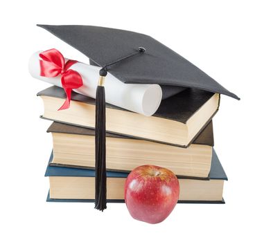 Concept of education: black graduate hat, stack of big books, red apple and paper scroll tied with red ribbon with a bow, isolated on white background