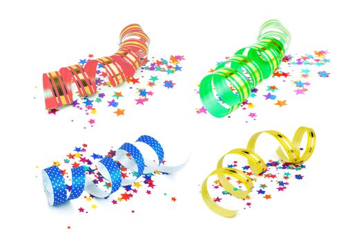 Set of images of multicolored confetti and ribbons isolated on white background