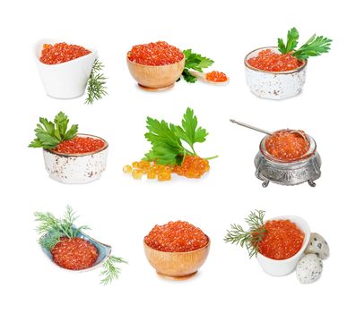 Set of images of red caviar in a variety of bowls isolated on white background