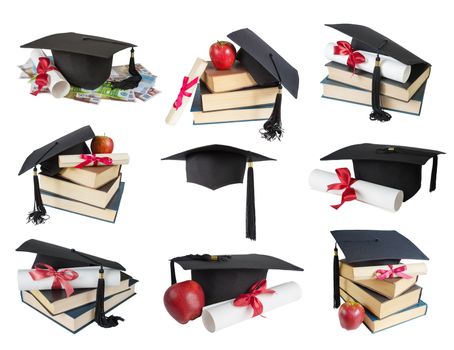 Set of images of black graduate hat, stack of big books, apple and paper scroll tied with red ribbon with a bow, isolated on white background