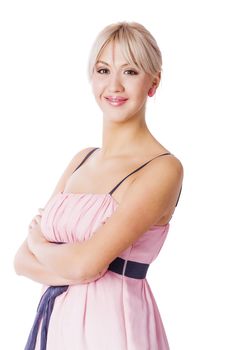 Young Woman wearing pink dress isolated on white