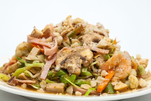 Sauteed vegetables with chicken, pork, jam and shrimps preparation: Ready served wok-Sauteed vegetables and meats