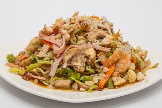 Sauteed vegetables with chicken, pork, jam and shrimps preparation: Ready served wok-Sauteed vegetables and meats
