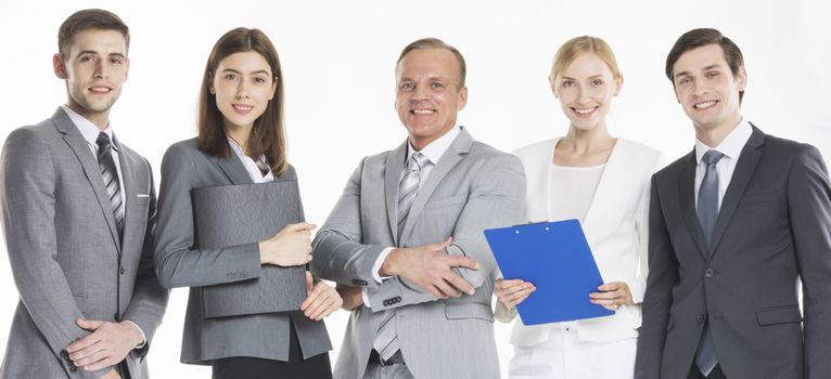 Group of confident smiling business people standing together in a row, isolated on white background