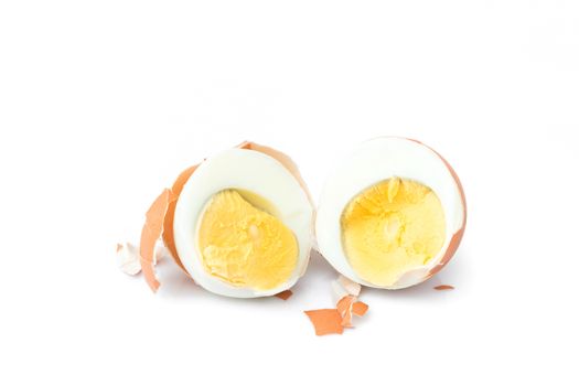 Closeup Peeled boiled egg and half egge on white background , food menu concept