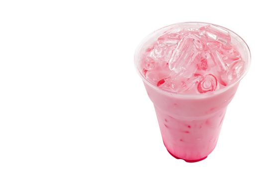 Closeup ice of strawberry sweet milk pink in takeaway cup on white background