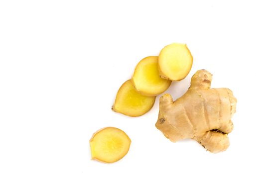 Fresh ginger on white background, raw material for cooking and beauty care product