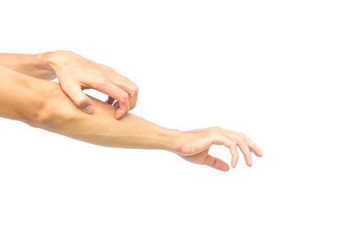 Man hand scratching arm on white background for healthy concept