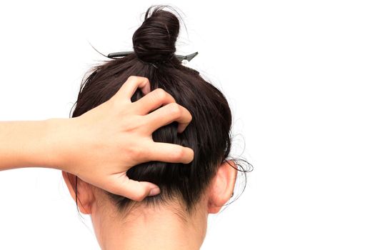 Closeup woman hand itchy scalp, Hair care concept 