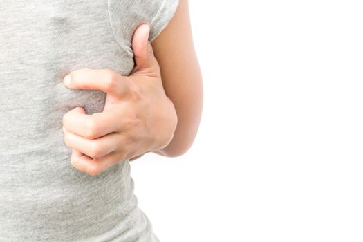 Woman hand scratching on back with white backgroud for healthy concept