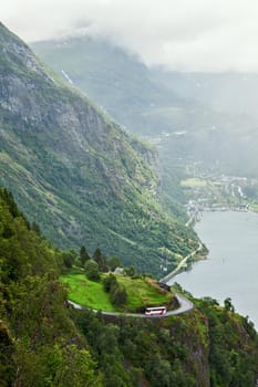 Geiranger seen from above in a cloudy day, Norway